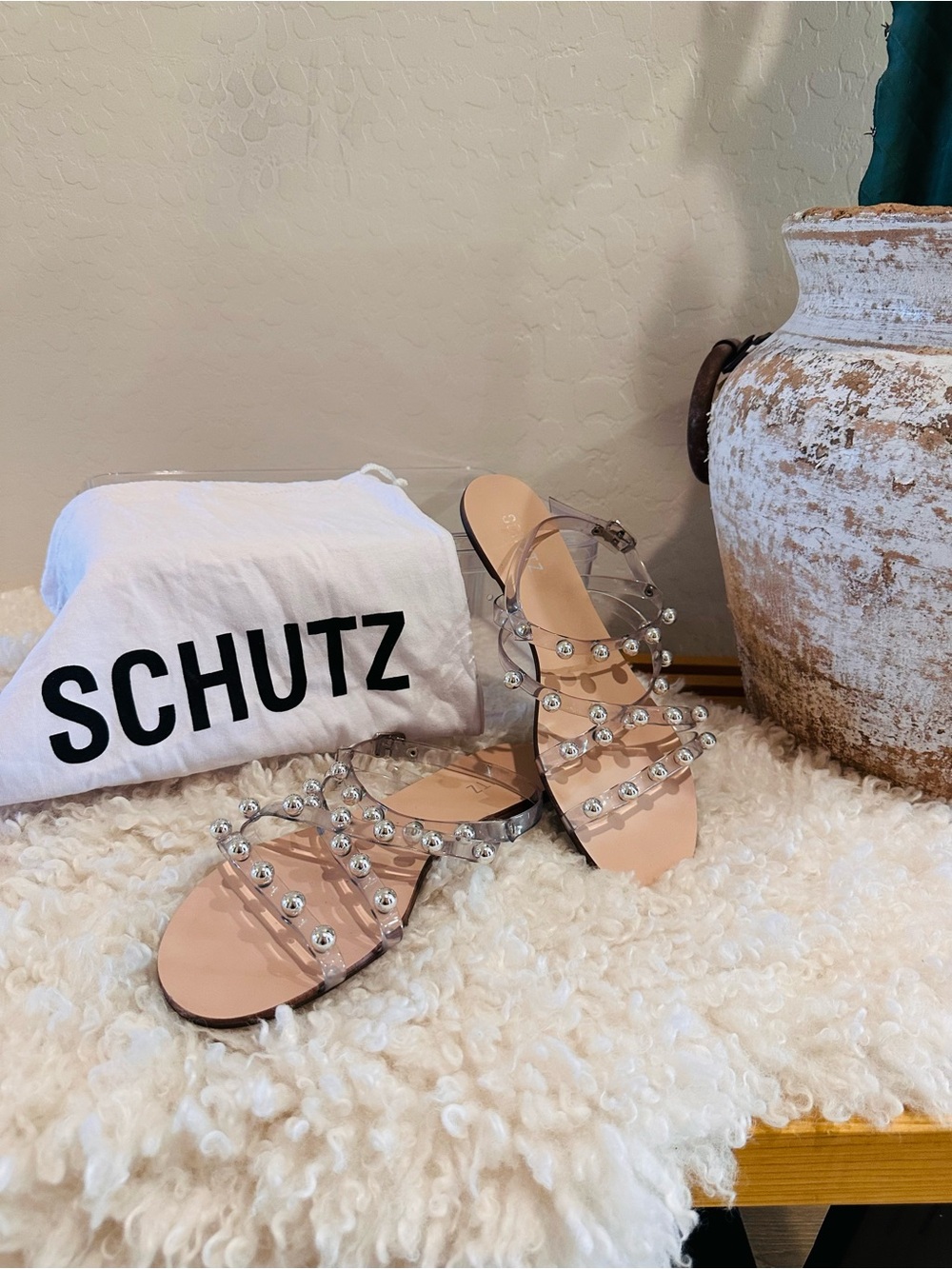SCHUTZ Clear Studded Strappy Sandals with Nude Footbed
